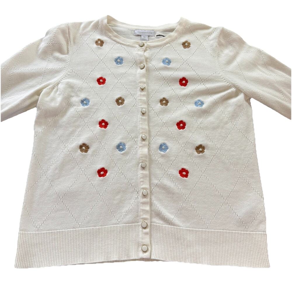 Charter Club Women’s Embroidered Floral White Cardigan Size M Preppy Grandmacore - Picture 2 of 13